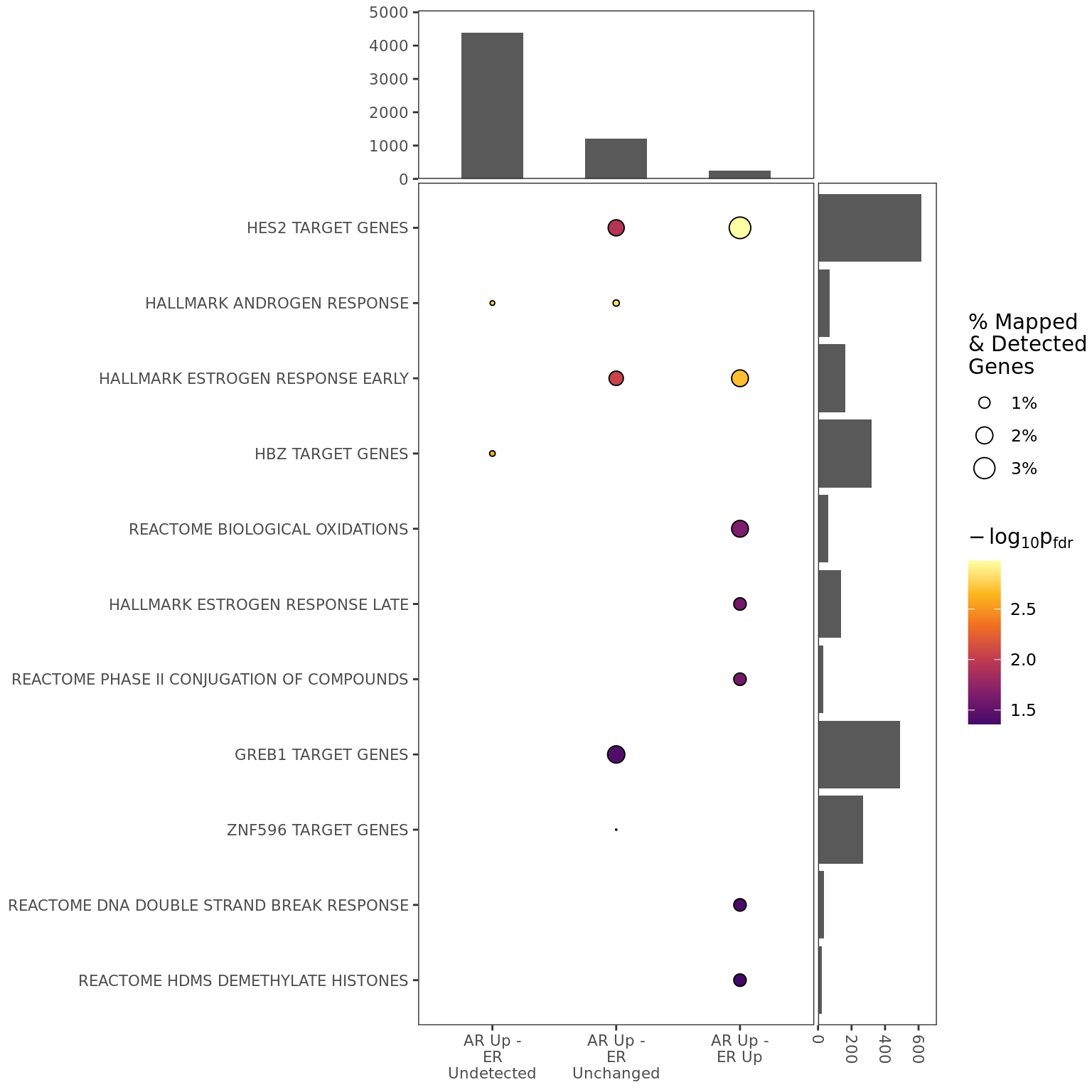 *Combined enrichment across all groups, incorporating RNA expression data, showing only significant results for enrichment. The top panel shows how many detected genes were mapped to sites for each group, whilst the right panel shows gene set size, using detected genes only. Point sizes indicate the proportion of mapped and detected genes which are from each pathway.*