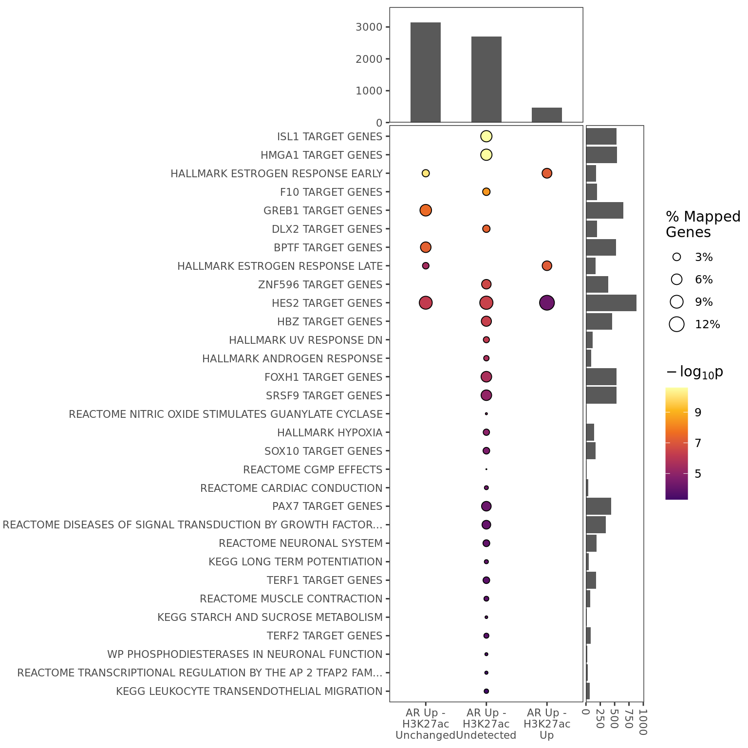 *Combined enrichment across all groups, showing only significant results for enrichment. The top panel shows how many genes were mapped to sites for each group, whilst the right panel shows gene set size. Point sizes indicate the proportion of mapped genes which are from each pathway.*