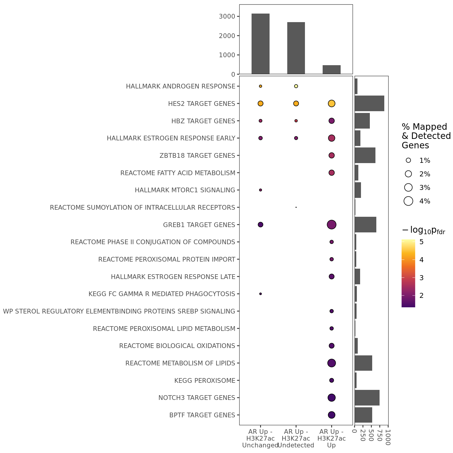 *Combined enrichment across all groups, incorporating RNA expression data, showing only significant results for enrichment. The top panel shows how many detected genes were mapped to sites for each group, whilst the right panel shows gene set size, using detected genes only. Point sizes indicate the proportion of mapped and detected genes which are from each pathway.*