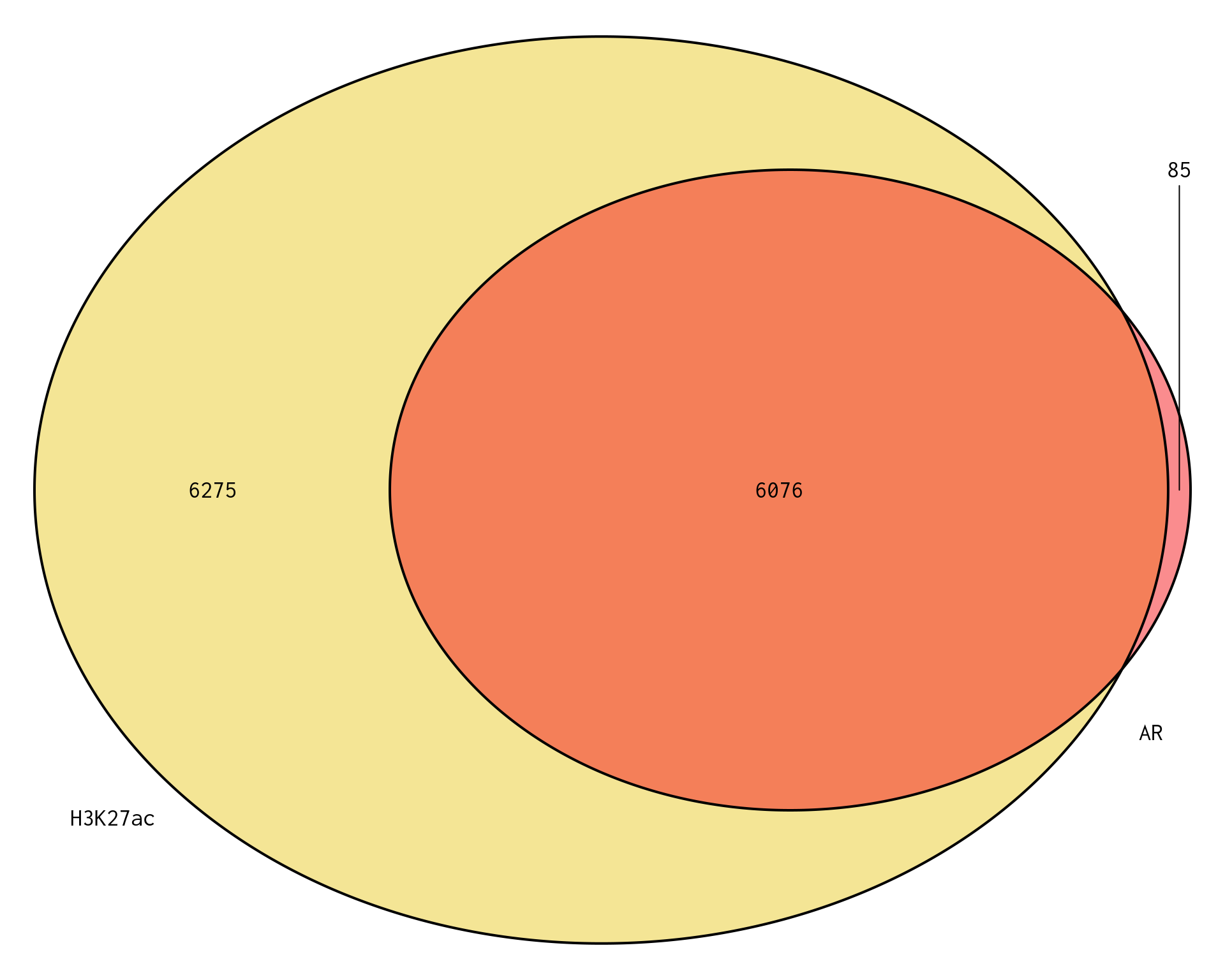 *Venn Diagram showing __genes__ mapped to a binding region associated with AR or H3K27ac. Of the 12,990 genes under consideration, a total of 12,436 genes were mapped to a binding region across both comparisons, leaving 554 genes unmapped to a binding region across either comparison.*