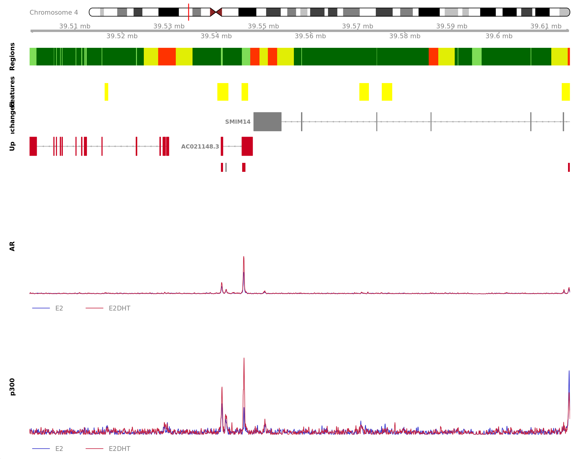 *Region showing all merged AR-bound windows mapped to FKBP5. Windows considered to be unchanged for AR are annotated in grey, with other colours indicating AR gain or loss. Mapped windows are only shown if within 5Mb of FKBP5. Gene-centric regions and external features are shown in the top panel. The estimated logFC for FKBP5 is 2.00 with an FDR of 6.51e-10. Undetected and unchanged genes are shown on separate tracks.*