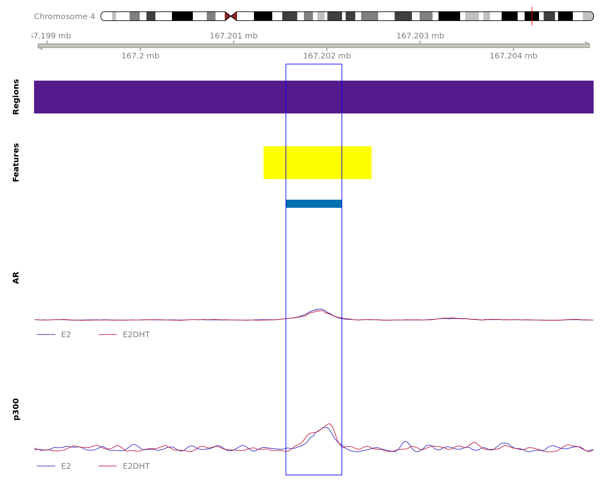 *The 600bp region showing decreased AR binding in response to E2DHT treatment (FDR = 0.038). The range mostly overlapped with an Intergenic (>10kb) region, with all defined regions shown as a contiguous bar. Using the features supplied in enhancer_atlas_2.0_zr75.gtf.gz, this mostly overlapped an Enhancer, shown as a separate block with the gene-centric regions.  A union peak overlapping this region was identified by `macs2 callpeak` when using merged samples. No genes were able to be assigned to this region. For each sample, the y-axis limits represent the values from the window with the highest signal.*