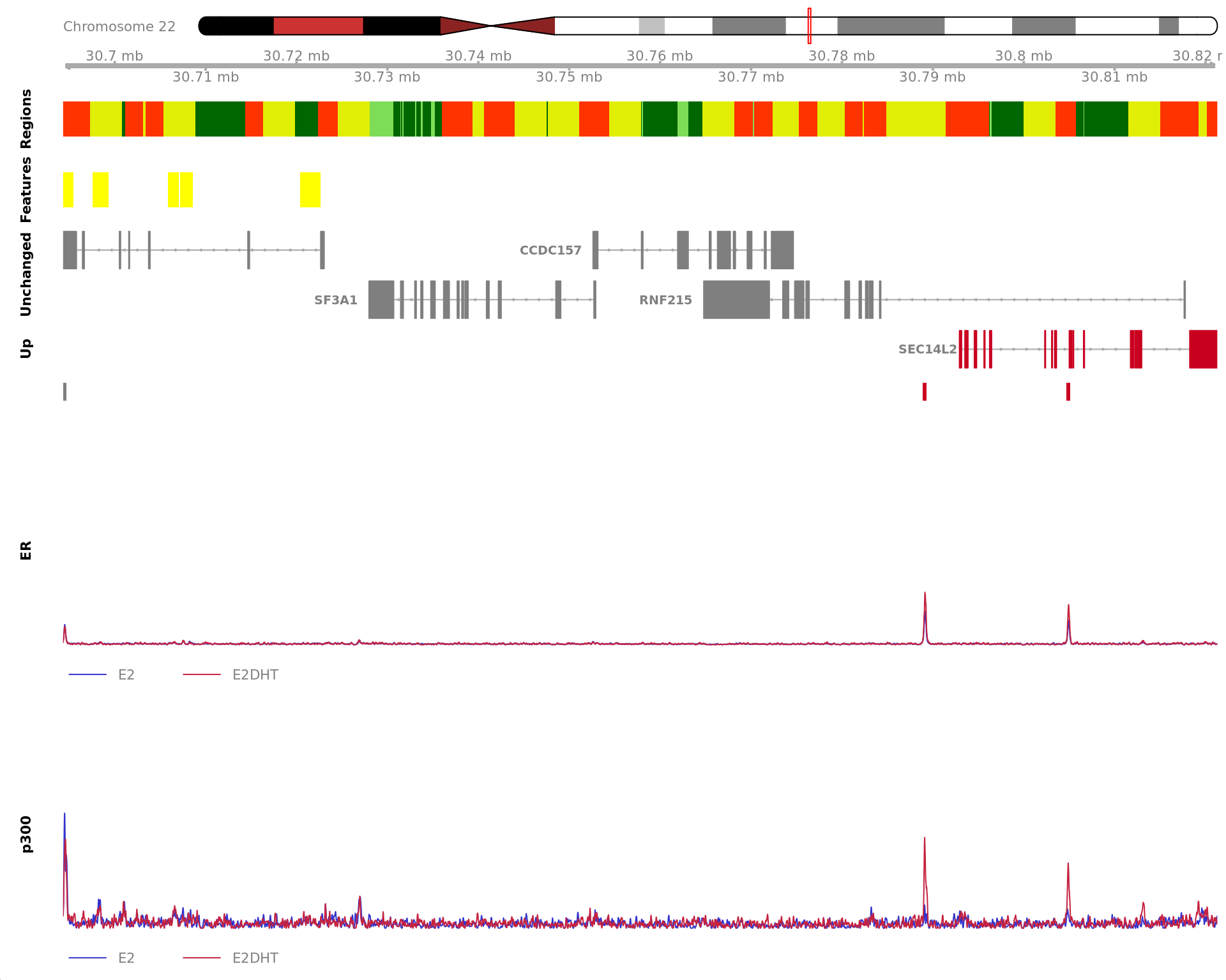 *Region showing all merged ER-bound windows mapped to AC021148.3. Windows considered to be unchanged for ER are annotated in grey, with other colours indicating ER gain or loss. Mapped windows are only shown if within 5Mb of AC021148.3. Gene-centric regions and external features are shown in the top panel. The estimated logFC for AC021148.3 is 3.32 with an FDR of 5.42e-07. Undetected and unchanged genes are shown on separate tracks.*