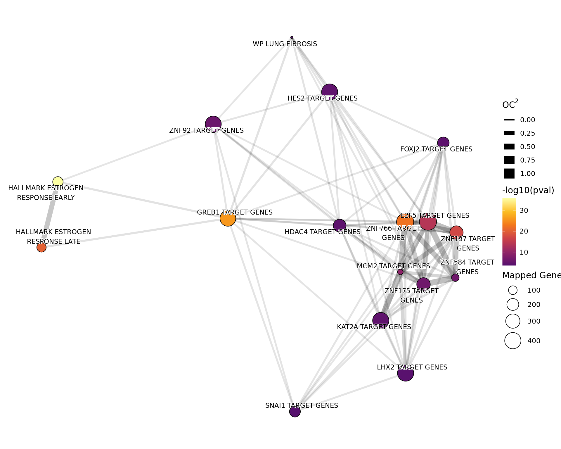 *Network plot showing  gene-sets enriched amongst the overall set of sites with a binding site for ER.*