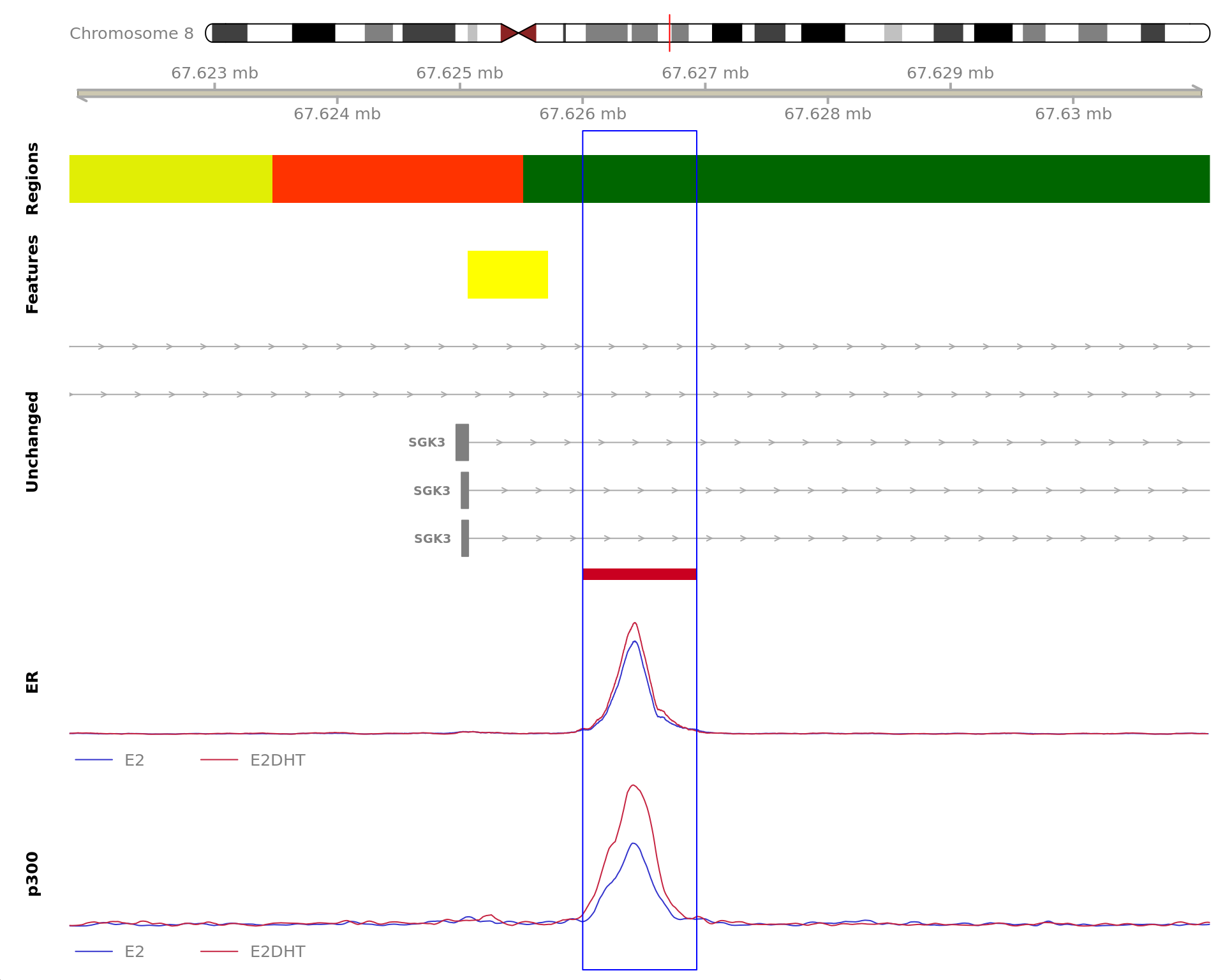 *The 930bp region showing increased ER binding in response to E2DHT treatment (FDR = 4.07e-04). The range mostly overlapped with an Intron, with all defined regions shown as a contiguous bar. Using the features supplied in enhancer_atlas_2.0_zr75.gtf.gz, this mostly overlapped a No Feature, shown as a separate block with the gene-centric regions.  A union peak overlapping this region was identified by `macs2 callpeak` when using merged samples. Using the above mapping strategy, this range is likely to regulate SGK3 For each sample, the y-axis limits represent the values from the window with the highest signal.*