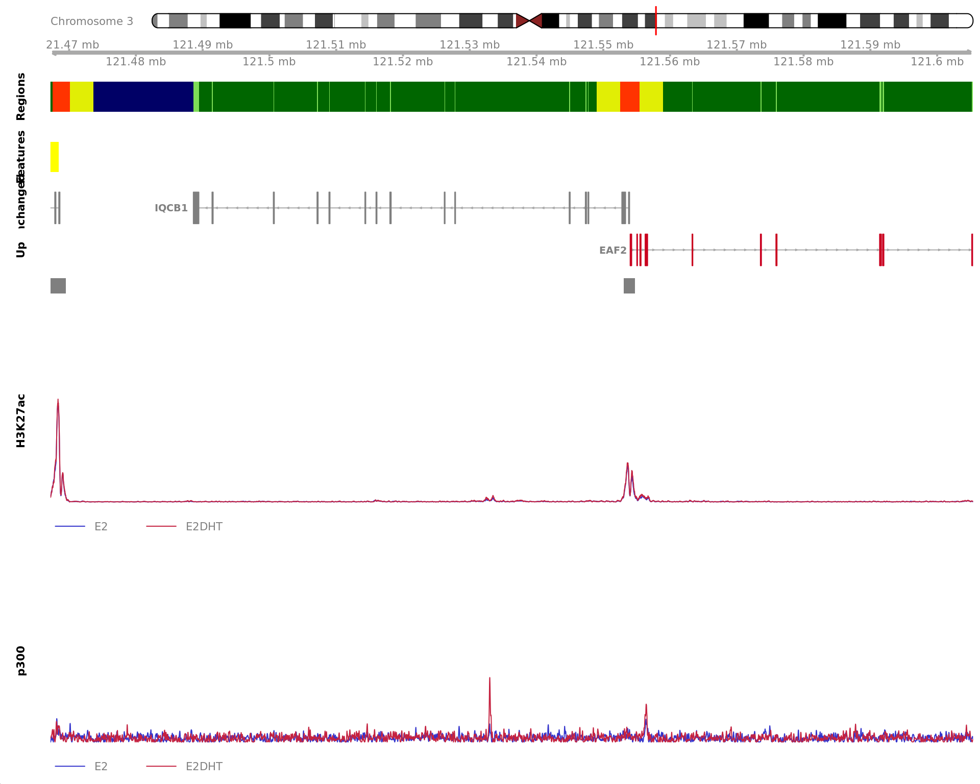 *Region showing all merged H3K27ac-bound windows mapped to EAF2. Windows considered to be unchanged for H3K27ac are annotated in grey, with other colours indicating H3K27ac gain or loss. Mapped windows are only shown if within 5Mb of EAF2. Gene-centric regions and external features are shown in the top panel. The estimated logFC for EAF2 is 1.87 with an FDR of 1.19e-07. Undetected and unchanged genes are shown on separate tracks.*