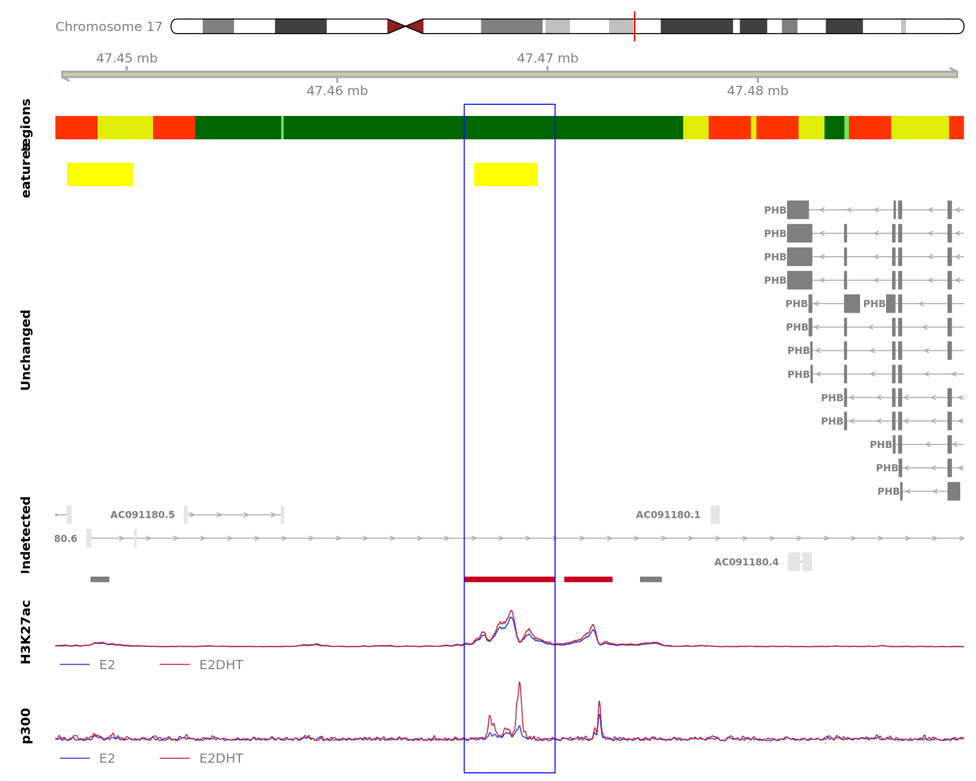 *The 4320bp region showing increased H3K27ac binding in response to E2DHT treatment (FDR = 1.34e-04). The range mostly overlapped with an Intron, with all defined regions shown as a contiguous bar. Using the features supplied in enhancer_atlas_2.0_zr75.gtf.gz, this mostly overlapped an Enhancer, shown as a separate block with the gene-centric regions.  A union peak overlapping this region was identified by `macs2 callpeak` when using merged samples. Using the above mapping strategy, this range is likely to regulate EIF4EP2, PHB and ZNF652 For each sample, the y-axis limits represent the values from the window with the highest signal.*