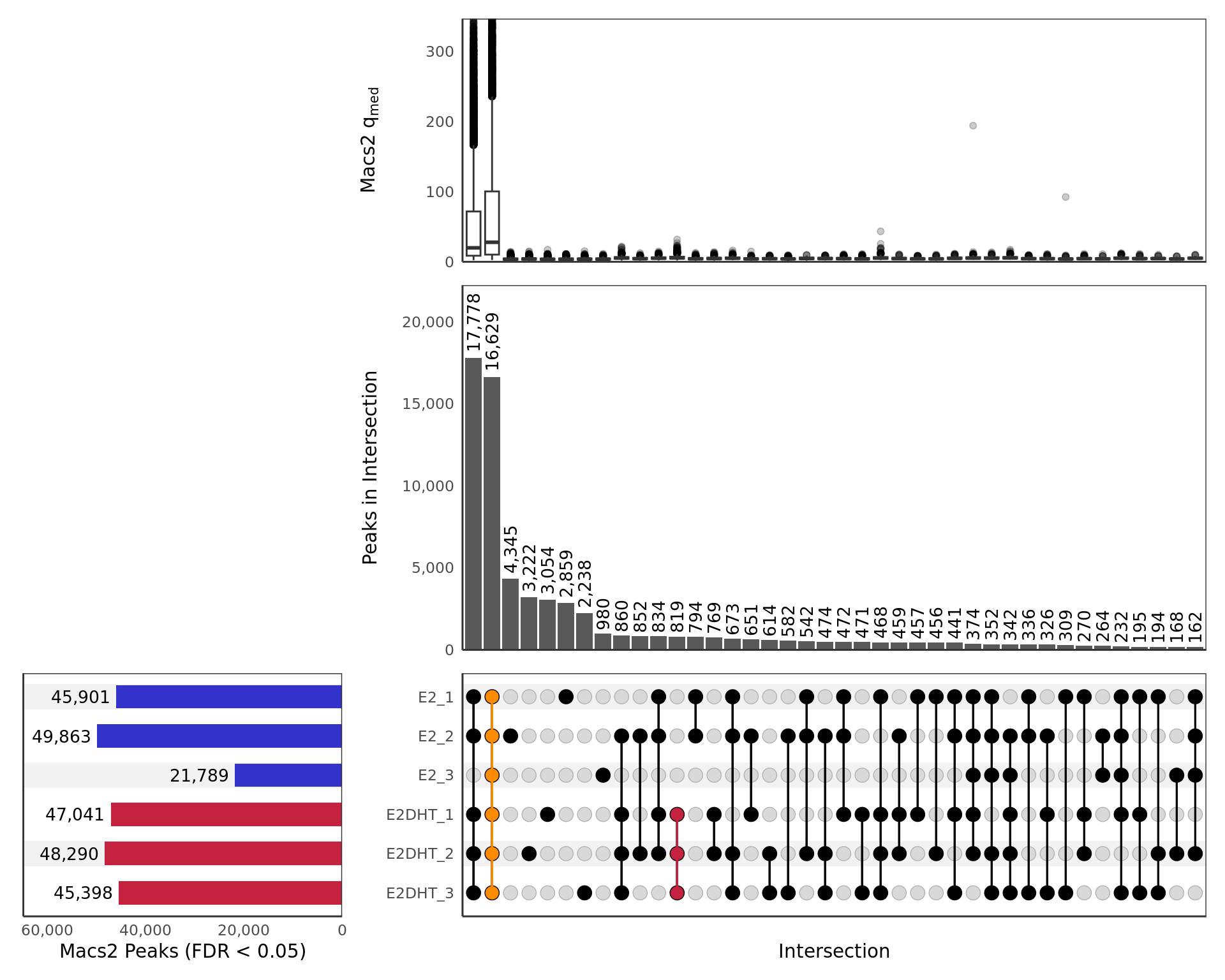 *UpSet plot showing all samples including those which failed prior QC steps. Any potential sample mislabelling will show up clearly here as samples from each group should show a preference to overlap other samples within the same treatment group. Intersections are only included if 10 or more sites are present. The top panel shows a boxplot of the median $q$-values produced by `macs2 callpeak` for each peak in the intersection. The y-axis for this panel is truncated at the 99^th^ percentile of values. Only intersections with 10 or more peaks are shown.*