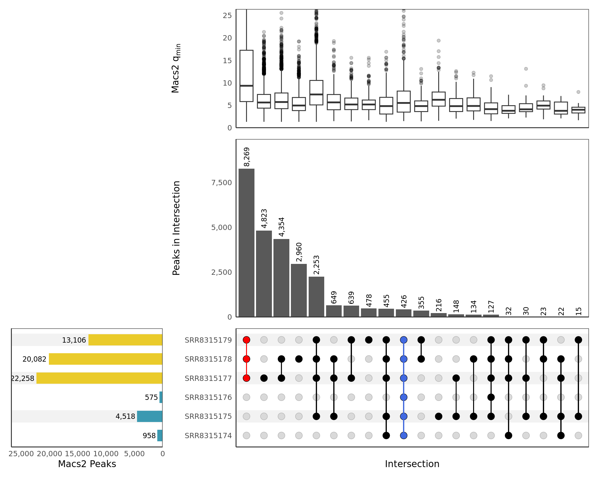 *UpSet plot showing all samples. Any potential sample/treatment mislabelling will show up clearly here as samples from each group may show a preference to overlap other samples within the same treatment group. Peaks shared between all samples, and exclusive to those within each treatment group, are highlighted if found. Intersections are only included if 10 or more sites are present. The top panel shows a boxplot of the min $q$-values produced by `macs2 callpeak` for each peak in the intersection as representative of the sample with the weakest signal for each peak. The y-axis for the top panel is truncated at the 95^th^ percentile of values.*